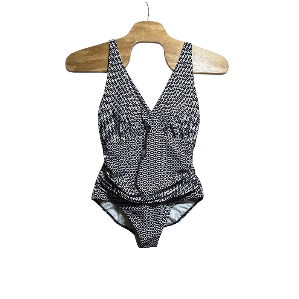 Lands End Slender Suit One Piece Swimsuit 18W Black White Geometric Diamond